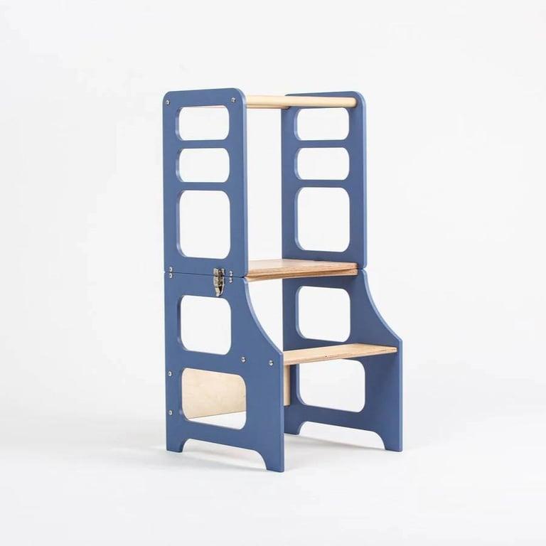 Montessori The Learning Tower Company de Klassieke Omvormbare Leertoren Stofblauw/Natuurhout Zonder Glijbaan