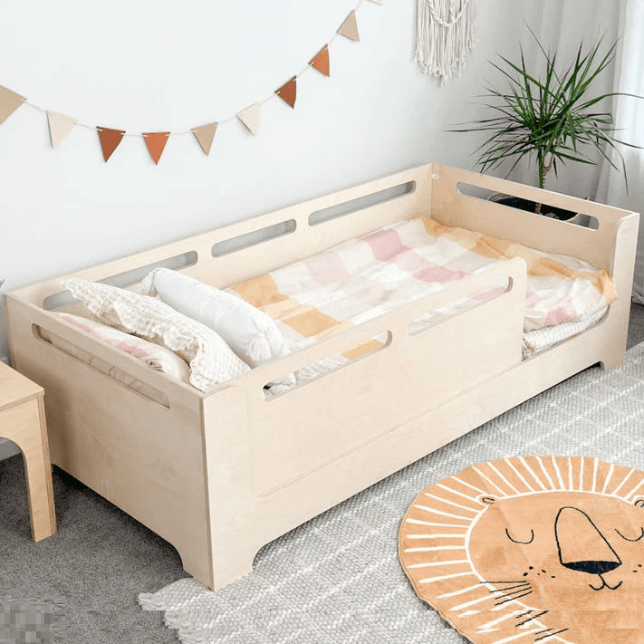 Montessori Magic of Wood-vloerbed met Uitsparingen en Verwijderbare Rails Single