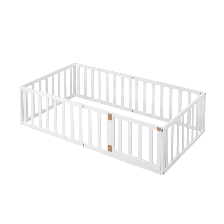 Montessori Harper & Bright Designs Eenpersoons Vloerbedframe met Relingen en Deur Wit