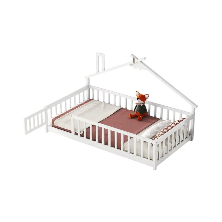 Montessori Bed Bath & Beyond Houten Tweeling Huis-Vormig Vloerbed Met Reling Wit