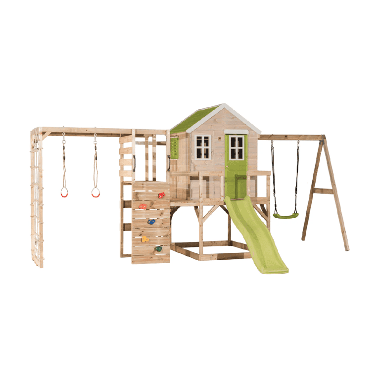 Montessori Wendi Toys My Lodge Schommelset Met Platform, Glijbaan, Enkele Schommel en Gymbevestiging Limoen