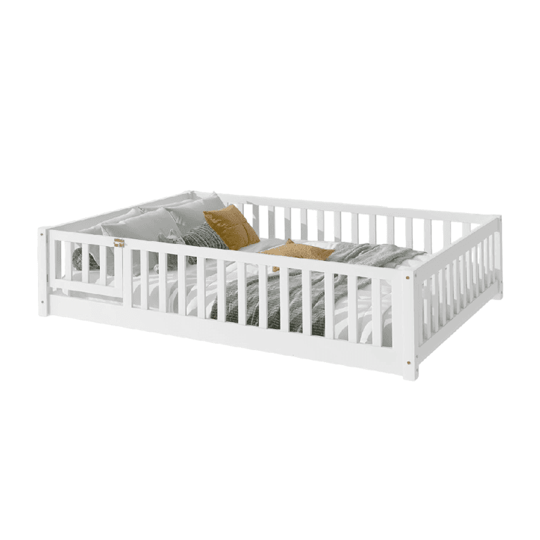 Montessori Tatub Full Size Vloerbed met Relingen en Deur en Latten Melkwit