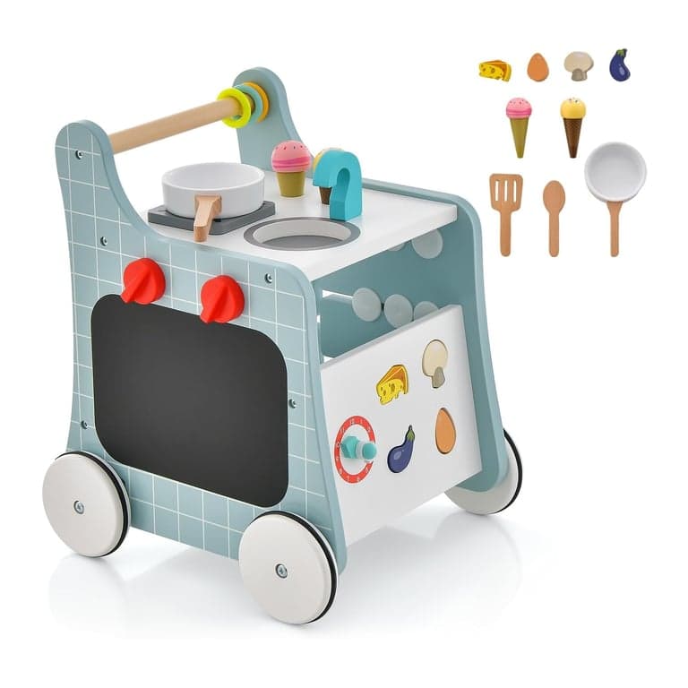 BABY JOY 6-in-1 Houten Babywalker met Speelkeuken Blauw