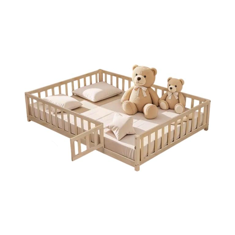 Montessori Bed Bath & Beyond Houten Vloerbedden Met Hek Vormige Reling, Latten en Deur Natuurlijk