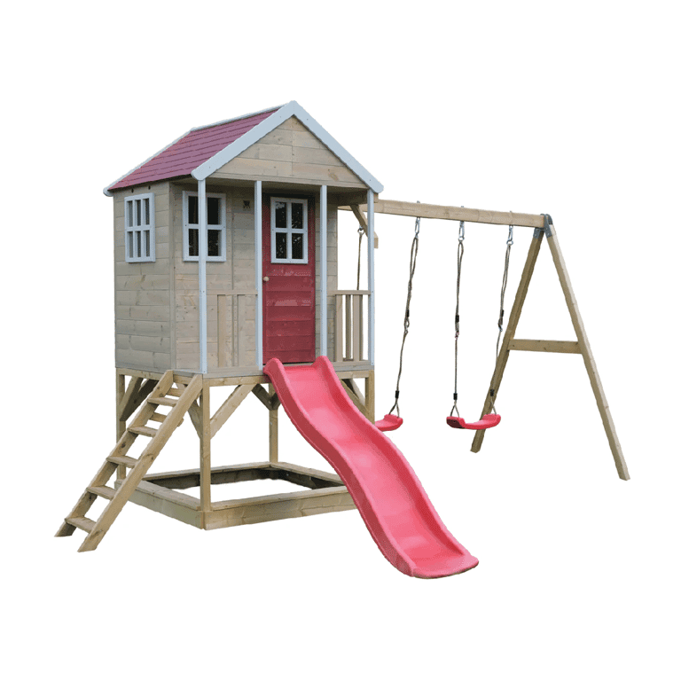 Montessori Wendi Toys Nordic Adventure Schommelset Met Platform, Glijbaan en Dubbele Schommel Rood