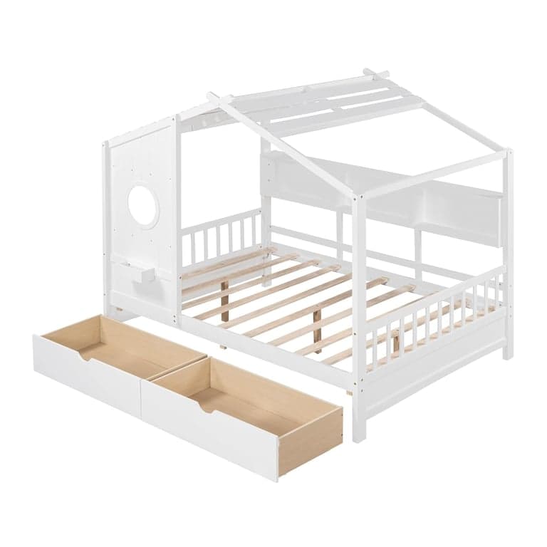 Tdewlye Tweepersoons Huisbed met Opbergplank en 2 Laden Wit