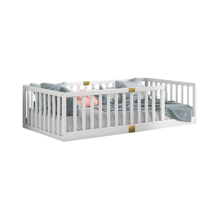 Montessori Sapphome Twin Massief Houten Vloerbed Met Reling Wit