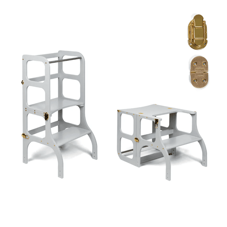 Montessori Ette Tete STEP'n'SIT® Omvormbare Hulptoren en Tafel 2-in-1 Grijs Met Gouden Slotjes