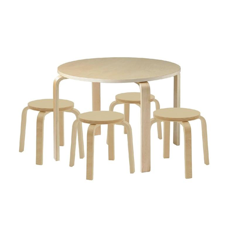 Montessori ECR4Kids 5-Delige Bentwood Ronde Tafel en Kruk Set Natuurlijk