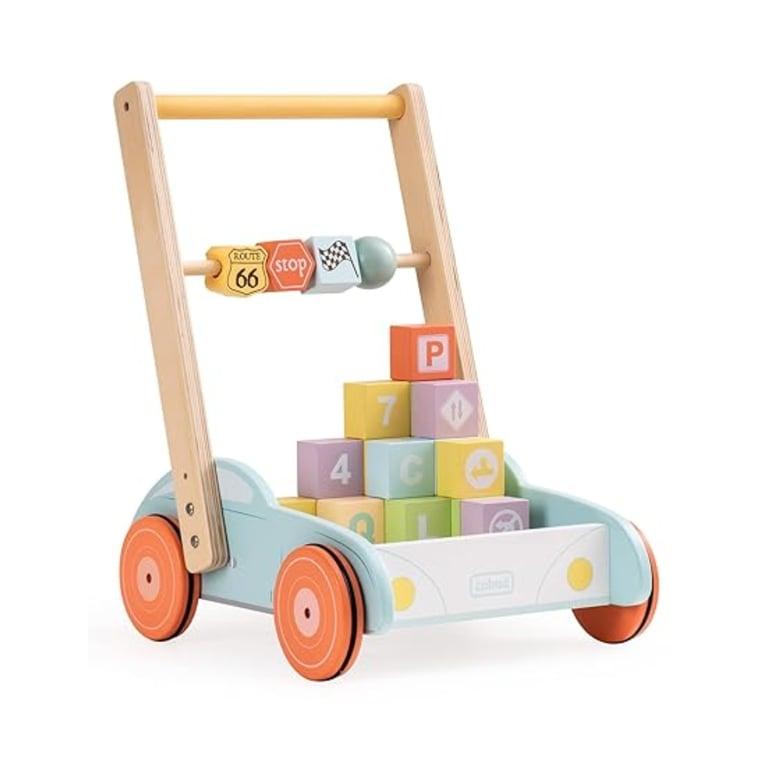 Montessori ROBUD Houten Baby Loopwagen Verstelbaar en Bouwstenen Blauw