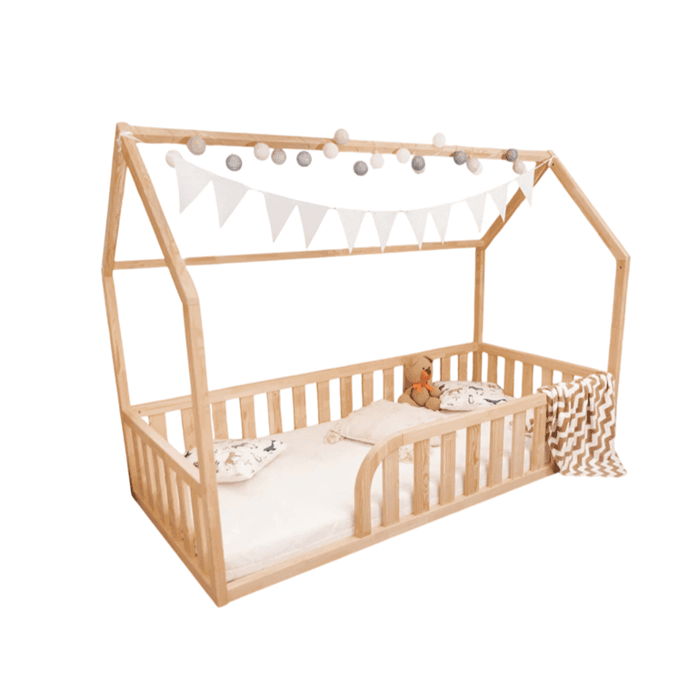 Montessori MandreleKids Full Size Huis Vloerbed Naturel Met Afgeronde Opening