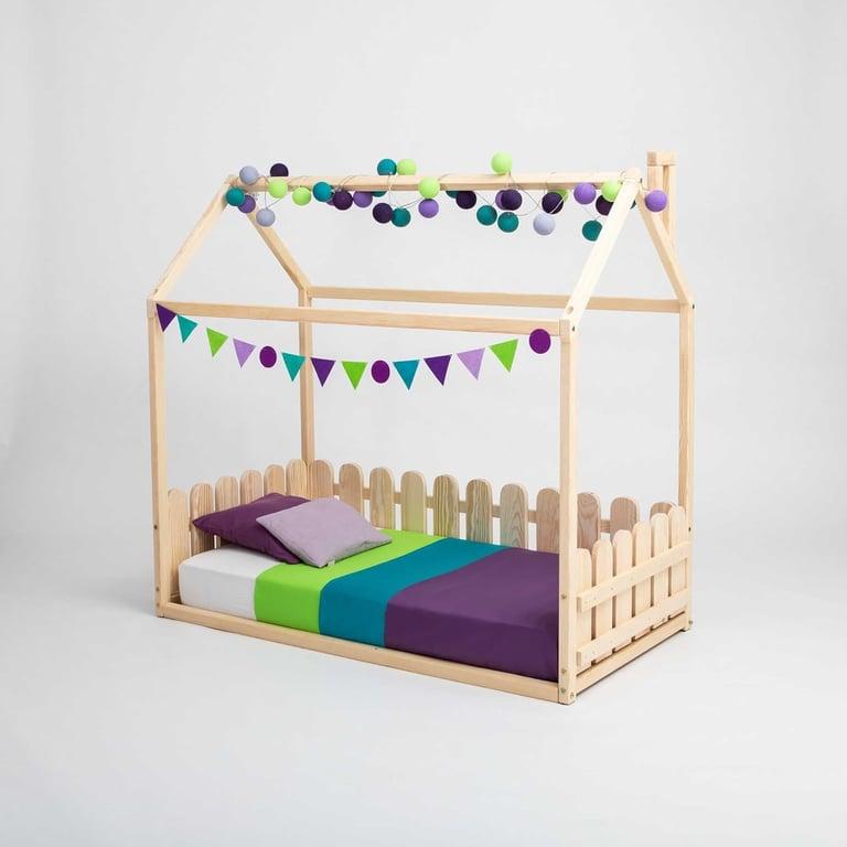 Montessori Sweet Home From Wood Huis-Vormig Vloerbed met Lattenbodem Eenpersoons Naturel