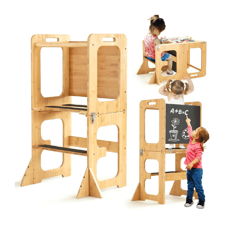 Montessori Asweets 4-in-1 leertoren met krijtbord bamboe