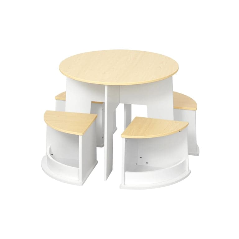 OOOK Wooden Round Table With 4 Storage Stools