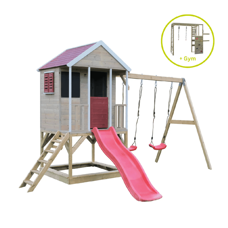 Montessori Wendi Toys Zomeravontuur Schommelset Met Platform, Glijbaan, Dubbele Schommel en Gymbevestiging Rood