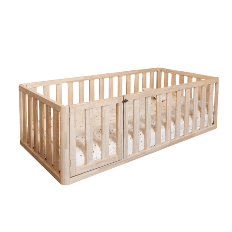 Montessori MandreleKids Tweepersoons Hoge Vloerbed Naturel met Afgeronde Buitenhoeken