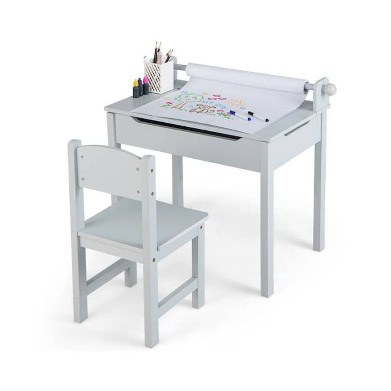 Costway Activiteitentafel en Stoel Set met Opbergruimte en Papierrolhouder Grijs
