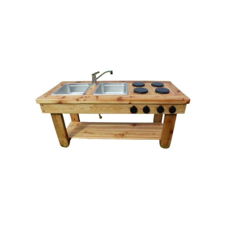 Montessori Noble Wooden Toys Modderkeuken met Werkgootsteen, Stalen Tapkraan, 1 Afvoer & Fornuis