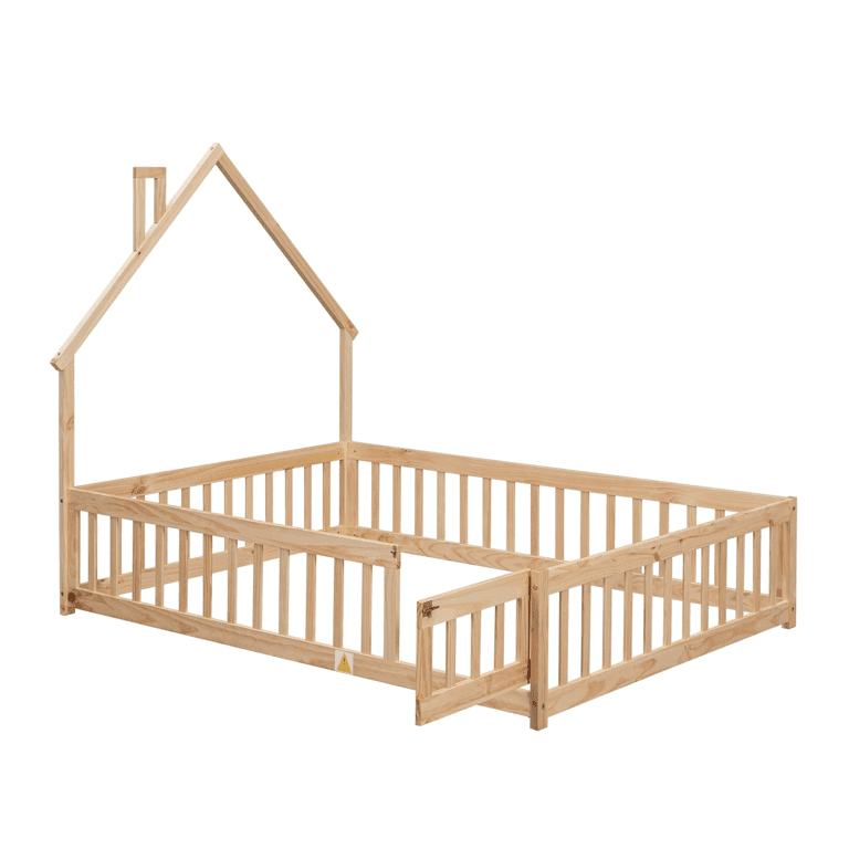 Montessori Bellemave Full Size Vloerbed Met Huisvormig Hoofdeinde, Relingen en Deur Naturel