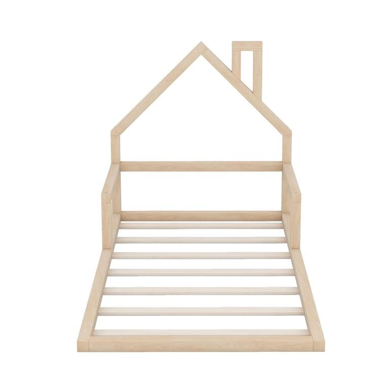 Meritline Eenpersoons Vloerbedframe met Huisvormig Hoofdeinde Naturel