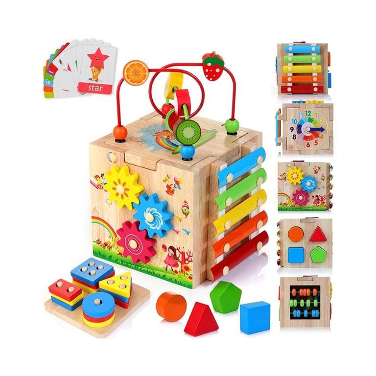 Montessori HELLOWOOD 8-in-1 Wooden Activity Cube Bonus Sorting and Stacking Board