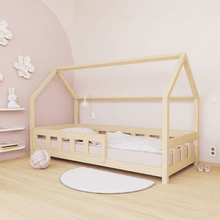 Benlemi Huisbed Plotty met Zijpaneel en Veiligheidsreling Vooraan Ongelakt 80x160 CM