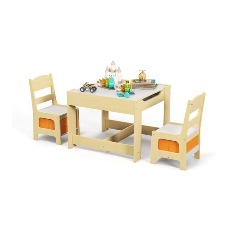 Costway Activiteitentafel en Stoelen Set met Opbergdozen, Schoolbord, Whiteboard Naturel