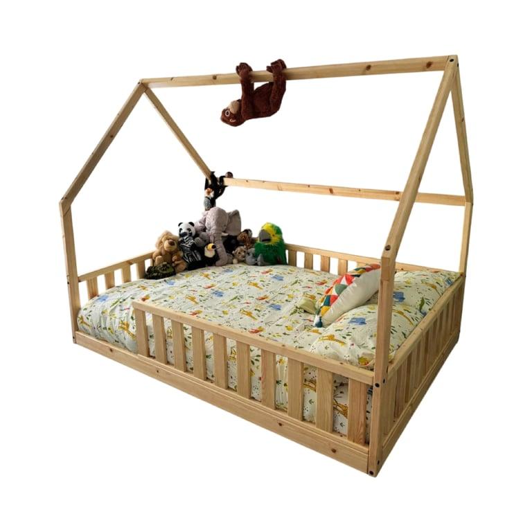 Montessori Toddlers Land Handgemaakt Houten Vloerbed Met Relingen en Latten 60 x 120 cm