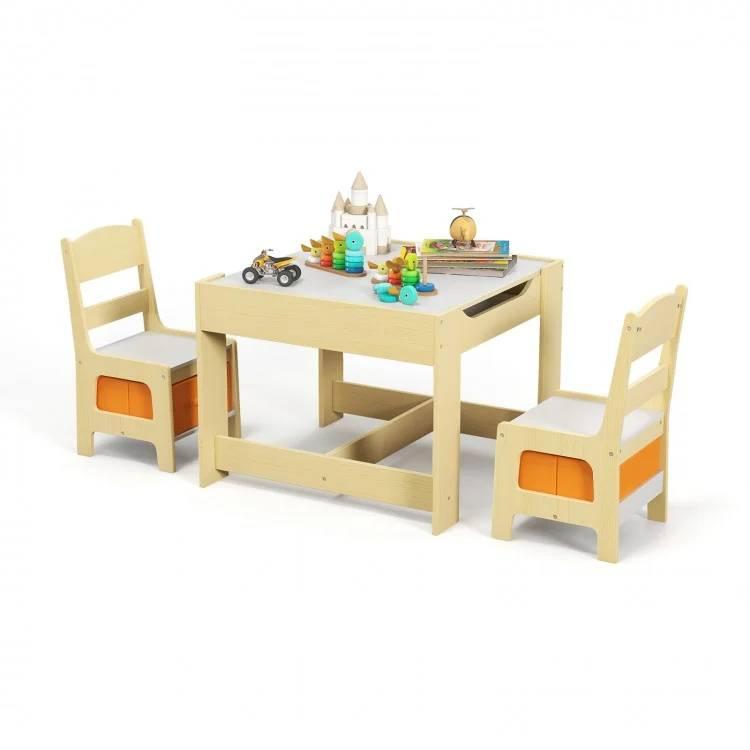 Montessori Costway Kinder Tafel Stoelen Set met Opbergboxen Blackboard Whiteboard Tekenen Naturel