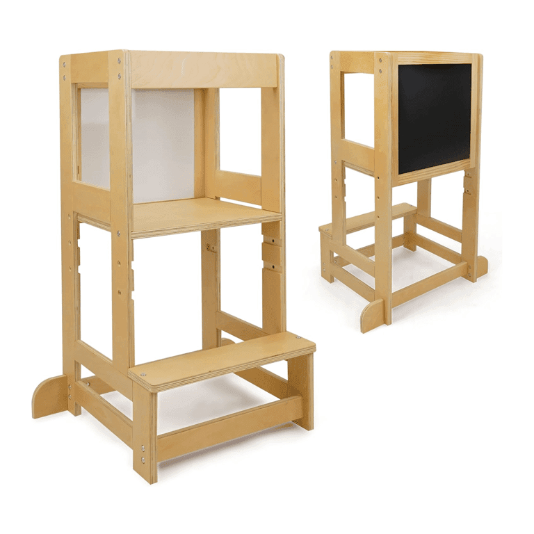 Montessori 509 Torro 2-in-1 Leertoren met Dubbelzijdig Zwart Krijtbord en Wit Droog Uitwisbaar Bord Naturel