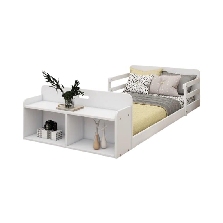 Montessori Ebern Designs Brecon Houten Vloerbed Met Hoofdbord, Voeteneind en Reling Wit