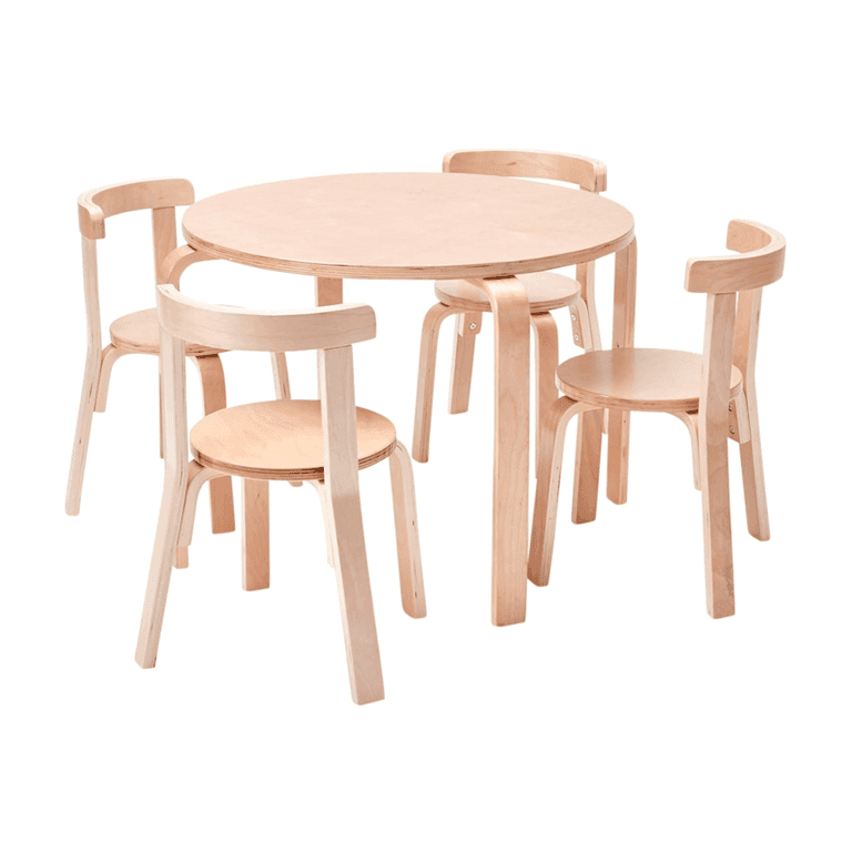 Montessori ECR4Kids 5-Delige Bentwood Ronde Tafel en Kruk Set Natuurlijk