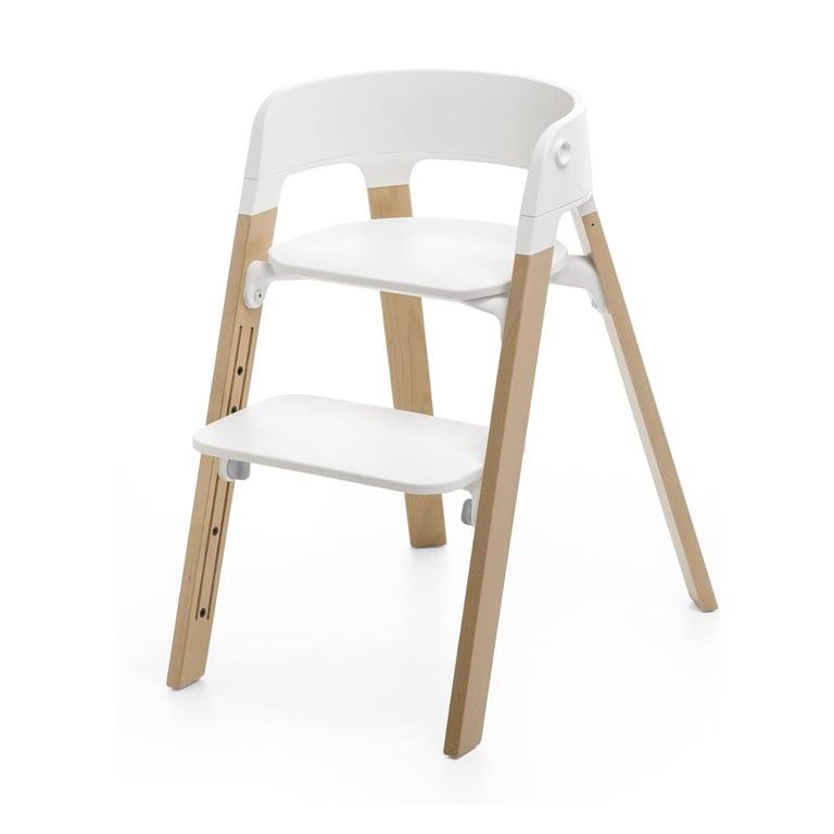 Montessori Stokke 5-in-1 Hoge Kinderstoel Wit Zitvlak met Natuurlijke Poten