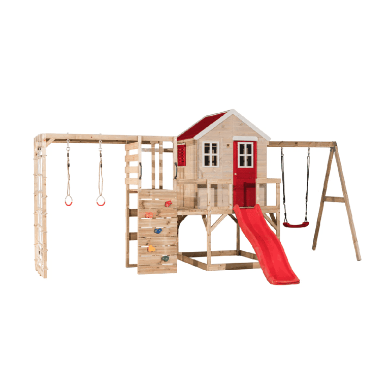 Montessori Wendi Toys My Lodge Schommelset Met Platform, Glijbaan, Enkele Schommel en Gymbevestiging Rood