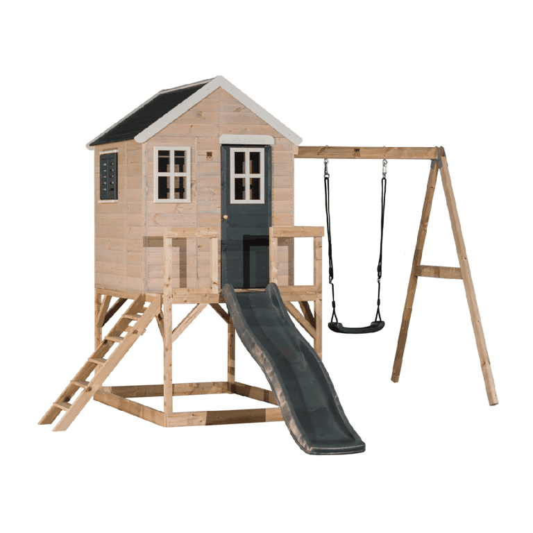 Montessori Wendi Toys My Lodge Schommelset Met Platform, Glijbaan, Enkele Schommel en Gymbevestiging Grijs