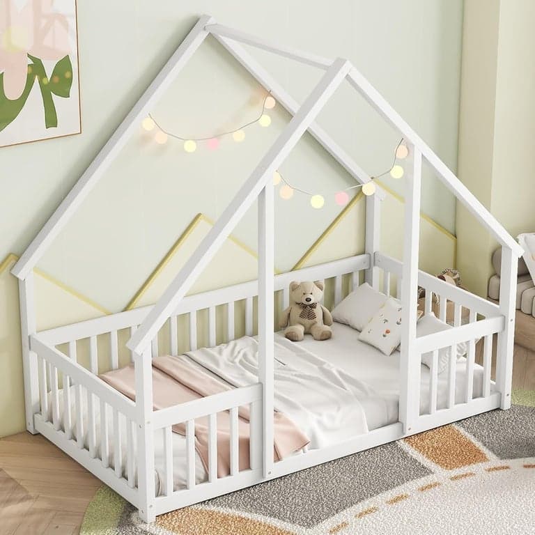 Mirightone Eénpersoons Huisbed met Hekwerk Wit