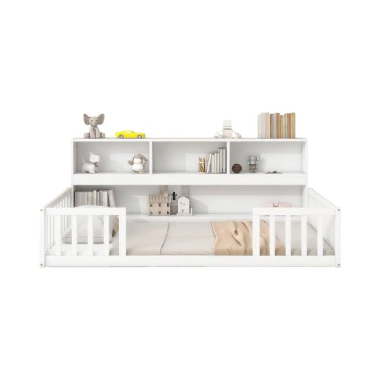 Montessori Bed Bath & Beyond Twin Vloerbed Met Boekenkast en Veiligheidsrails Wit