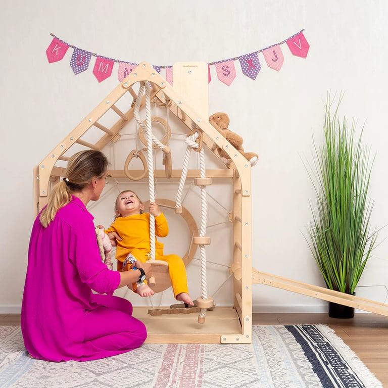 Montessori Wood and Hearts Klim Speelhuisje met Helling, Tweezijdige Mat en 3 Touwen Natuurlijk Hout