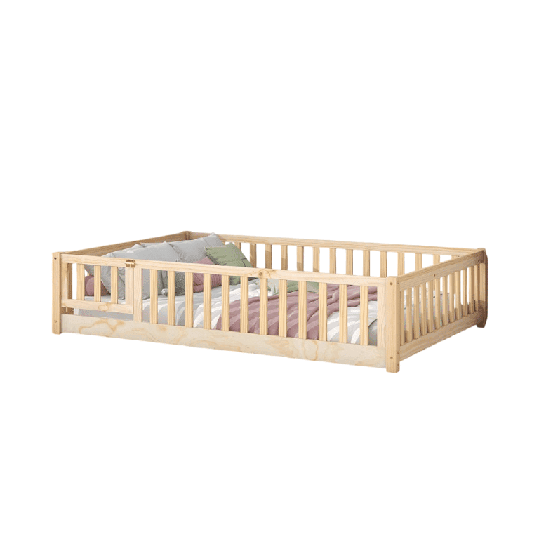 Montessori Tatub Vloerbed met Reling en Deur Natuur Tweepersoons