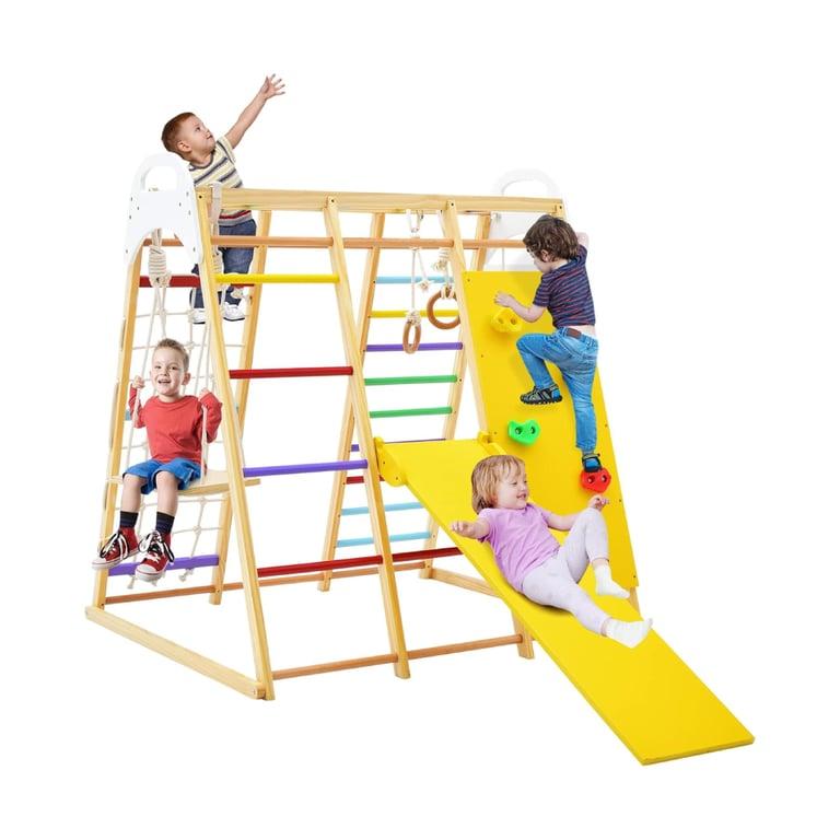 Montessori Costzon Wooden Indoor Jungle Gym 8-in-1 With Climbing Rock Rainbow