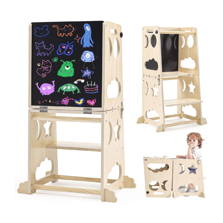 Montessori Yojoker 4-in-1 Ombouwbare Leertoren met Krijtbord en Veiligheidsrails Naturel