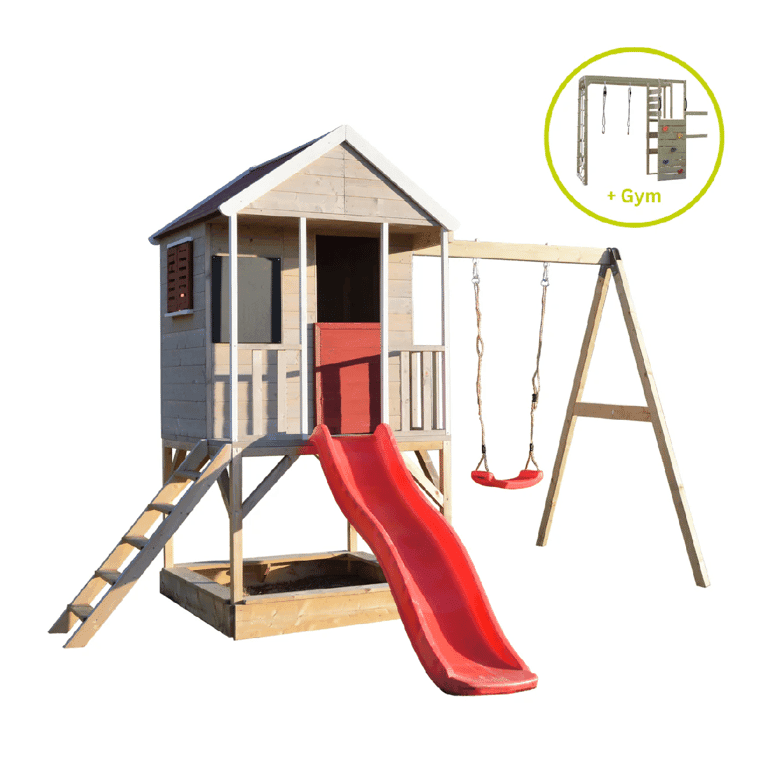 Montessori Wendi Toys Zomeravontuur Schommelset Met Platform, Glijbaan, Enkele Schommel en Gymbevestiging Rood