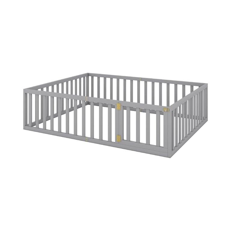 Montessori ROOMTEC Queen Size Montessori Floor Bed Frame with Fence and Door Gray