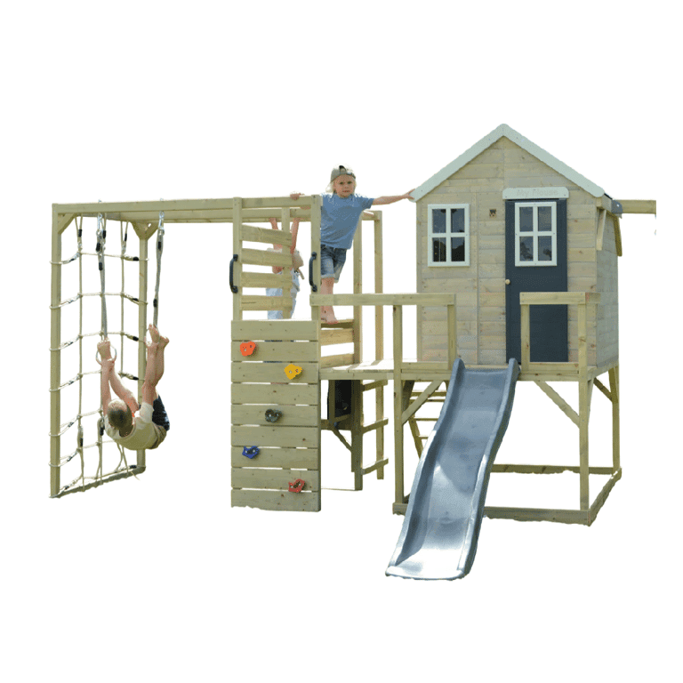 Montessori Wendi Toys My Lodge Schommelset Met Platform, Glijbaan, Dubbele Schommel en Gymbevestiging Grijs