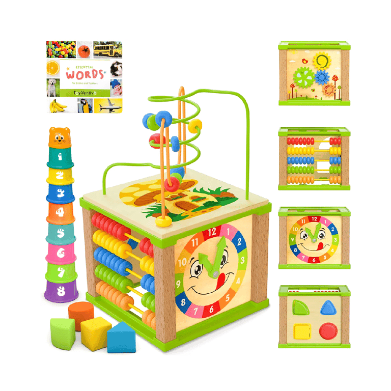 Montessori Toy Ventive 5-in-1 Houten Activiteitenkubus Voor Baby's en Peuters