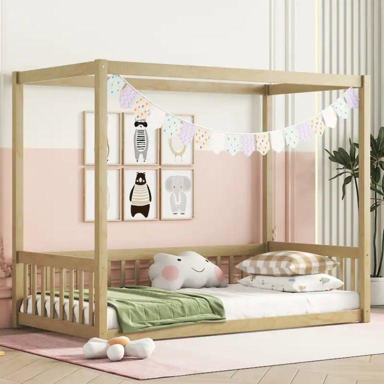 Montessori Bed Bath & Beyond Houten Twin Vloerbed Canopy Frame met Hek en Reling Natuurlijk