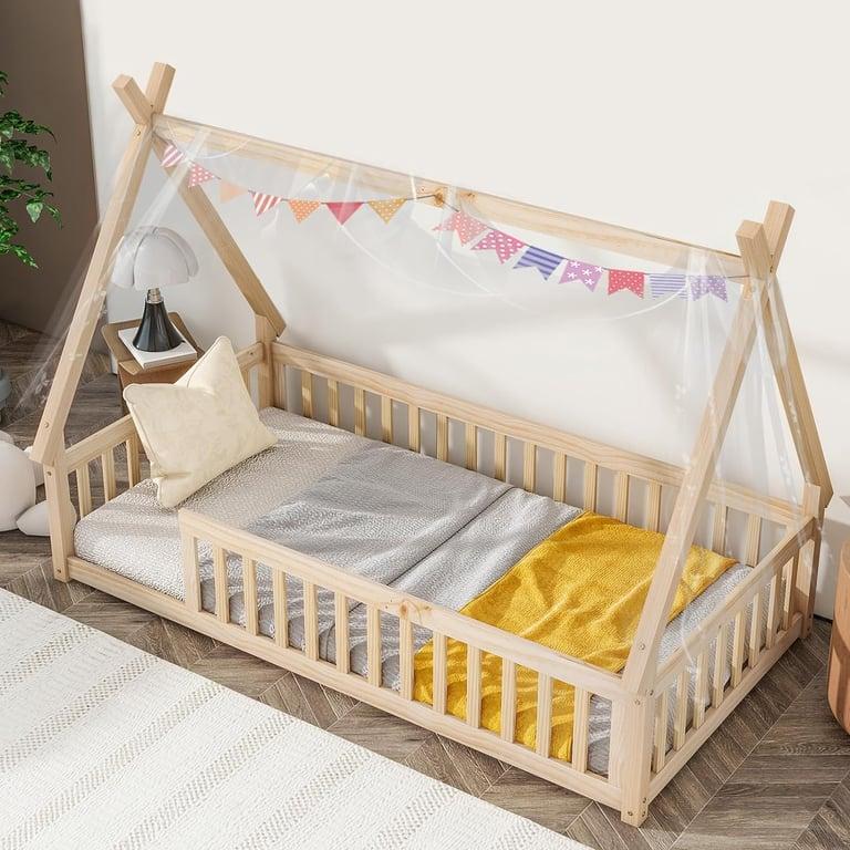 Montessori Tatub Eenpersoons Teepe Vloerbed Frame met Relingen Zonder Deur Naturel