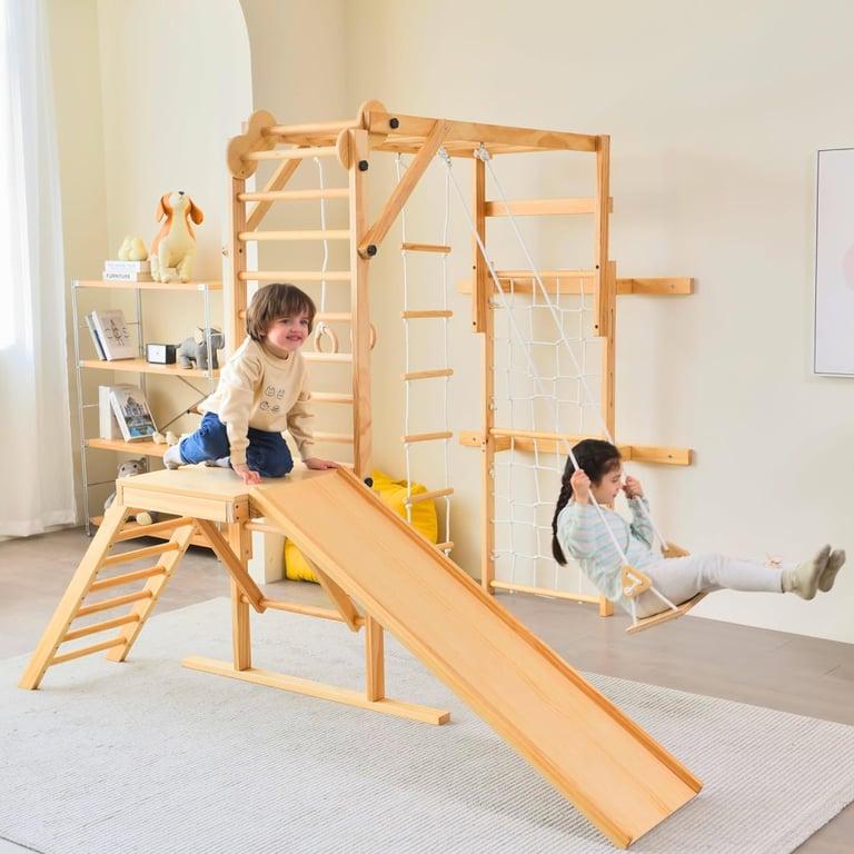 Montessori Avenlur Grote Indoor Grove 8-in-1 Jungle Gym Speelset Natuurlijk Hout