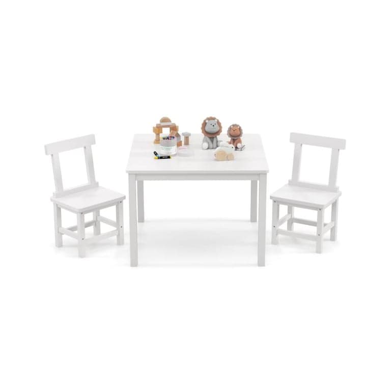 Costway Houten Kindertafel en 2 Stoelen Set met Anti-Slip Voetmatten Wit