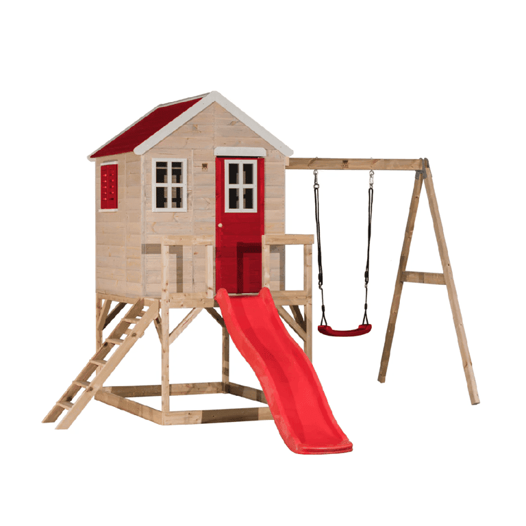 Montessori Wendi Toys My Lodge Schommelset Met Platform, Glijbaan en Enkele Schommel Rood